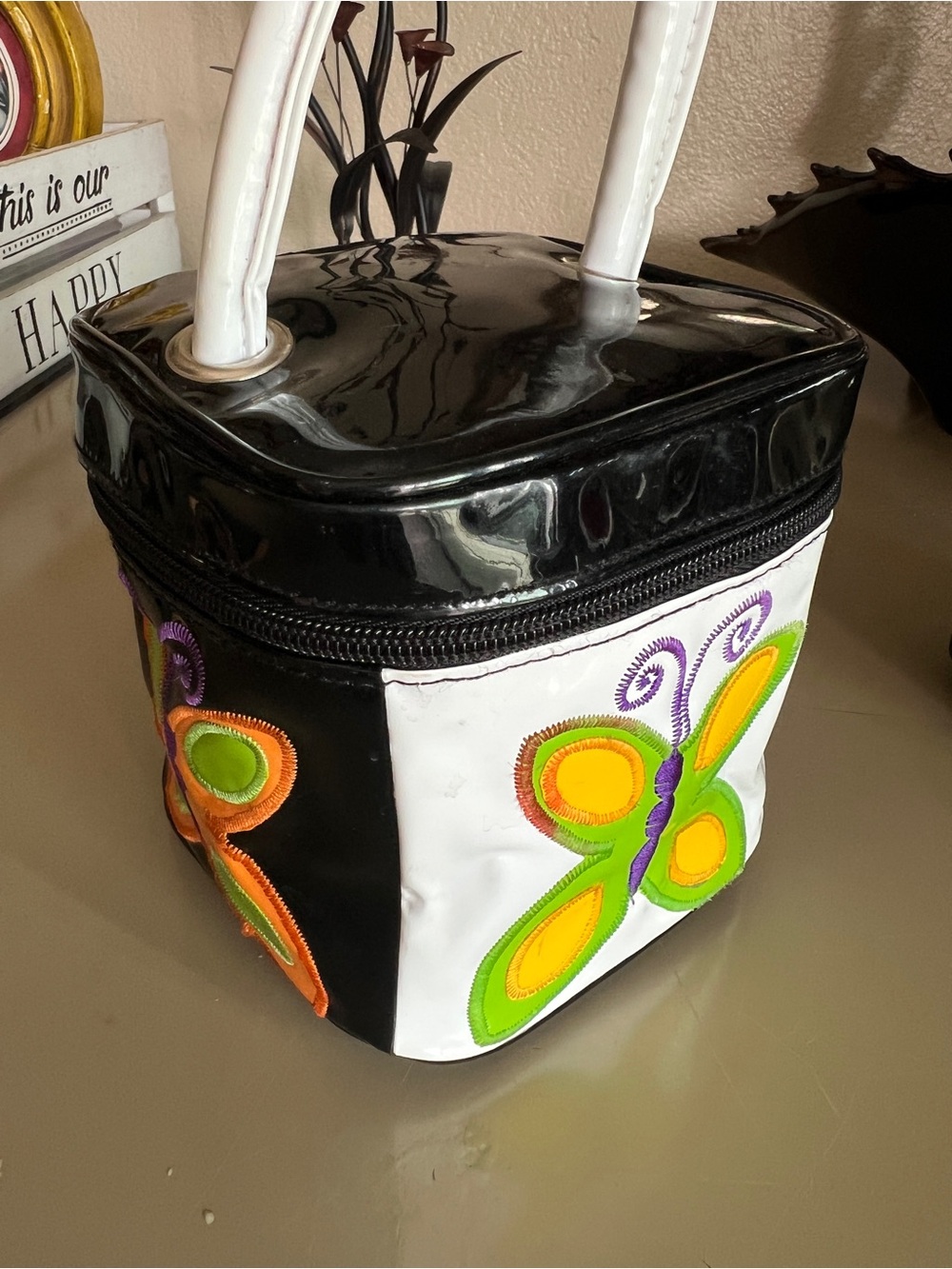 Stylish Black & White Butterfly Tote Bag with Green and Yellow Accents